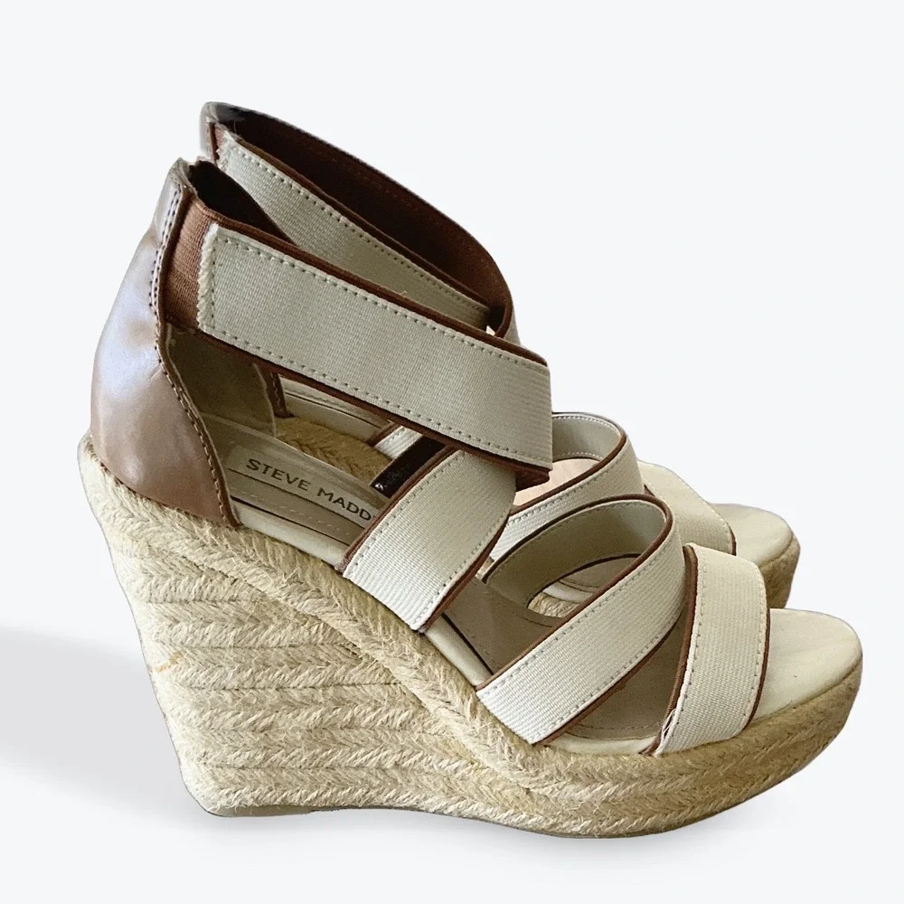 Steve Madden Erryn Womens Espadrille Wedge Sandals Cream Brown Size 7 Jute Heel‎